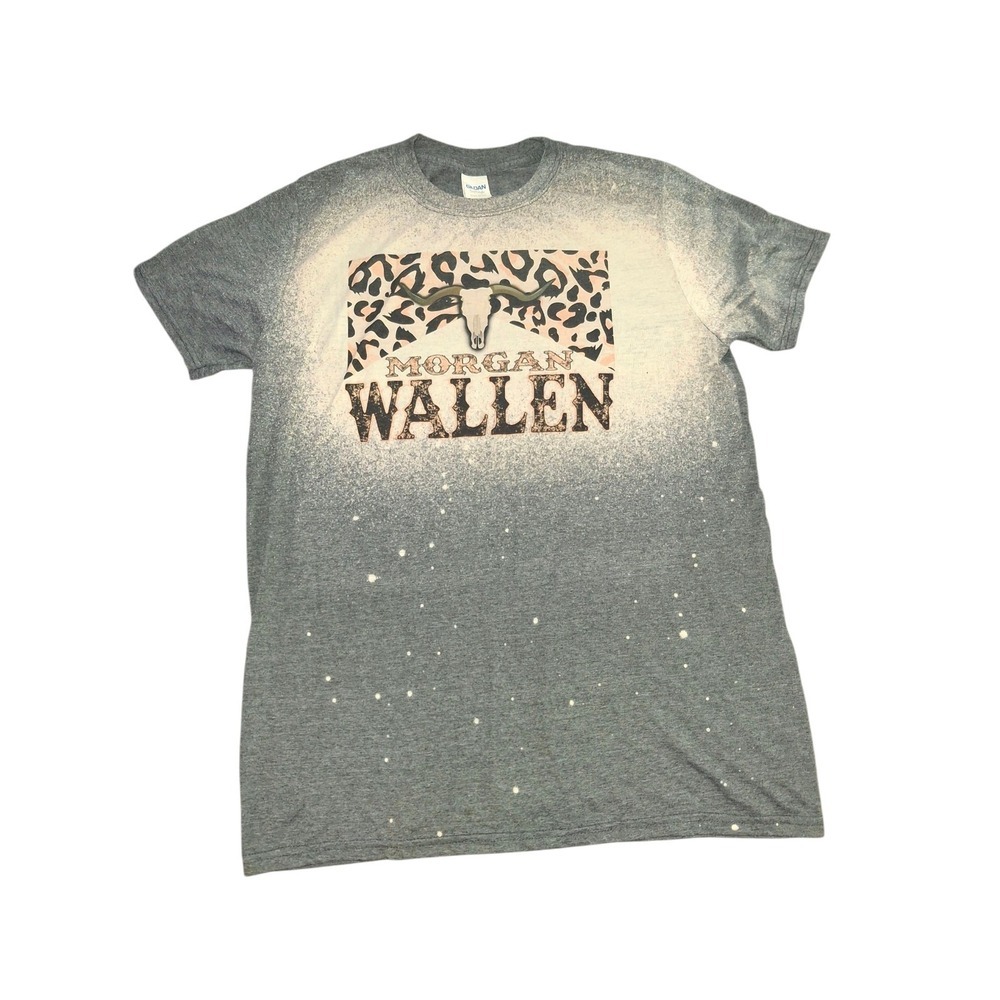 Morgan Wallen Graphic T-Shirt Blue Bleach Wash Bull Skull Gildan Medium